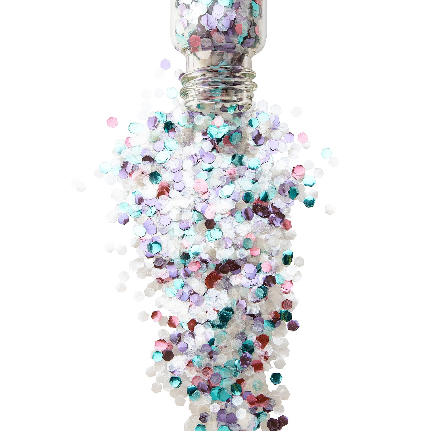 A close-up of a jar filled with multicolored chunky glitter, with some glitter particles scattered outside the jar.