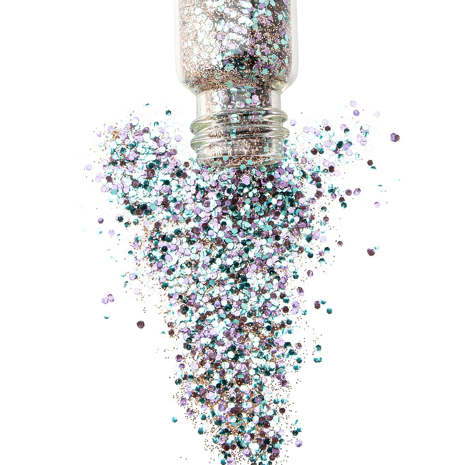 Blue, mauve and rose gold fine glitter in a glass jar spilling out onro a white background.