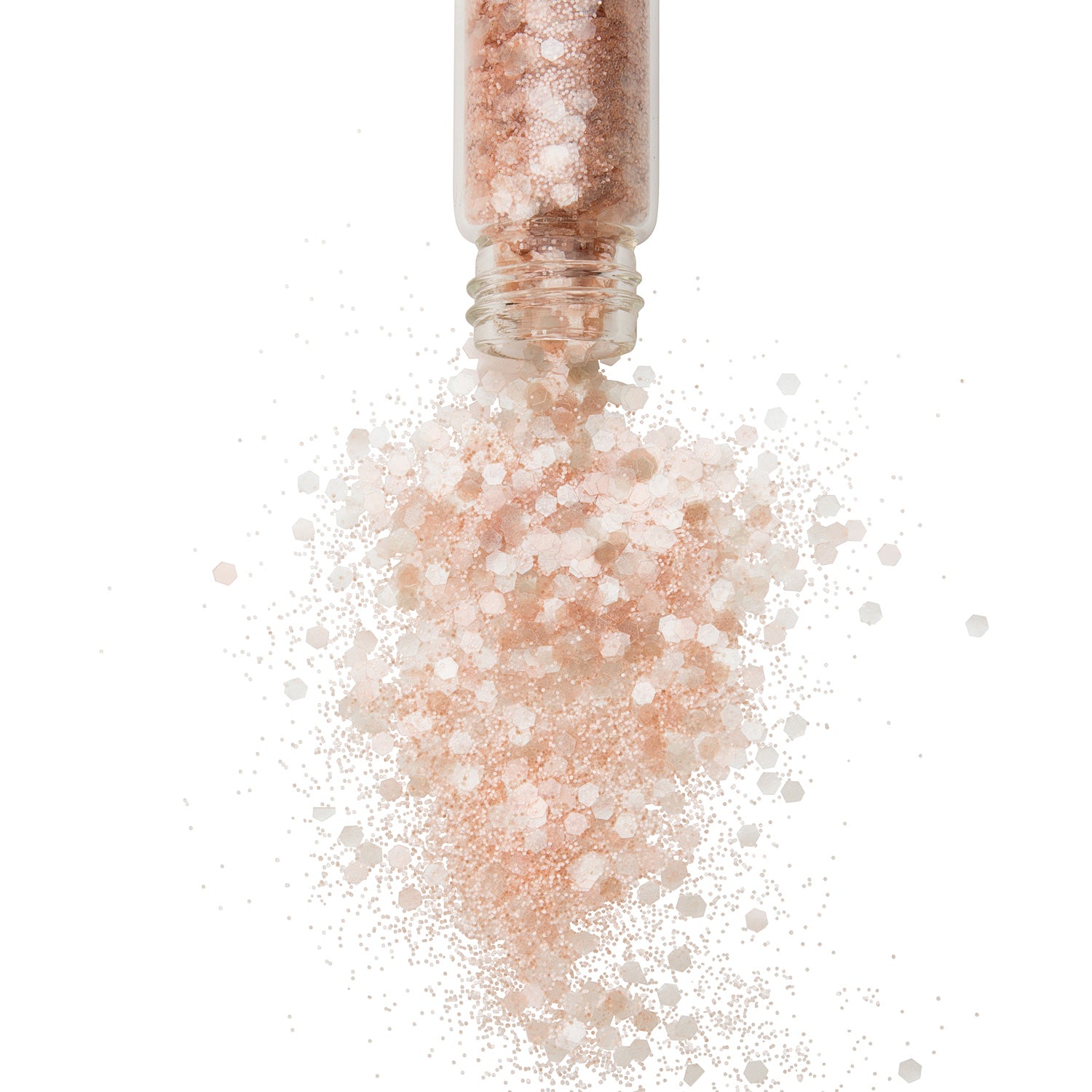 A jar of pink biodegradable glitter spilled open, with the glitter spreading out around it.