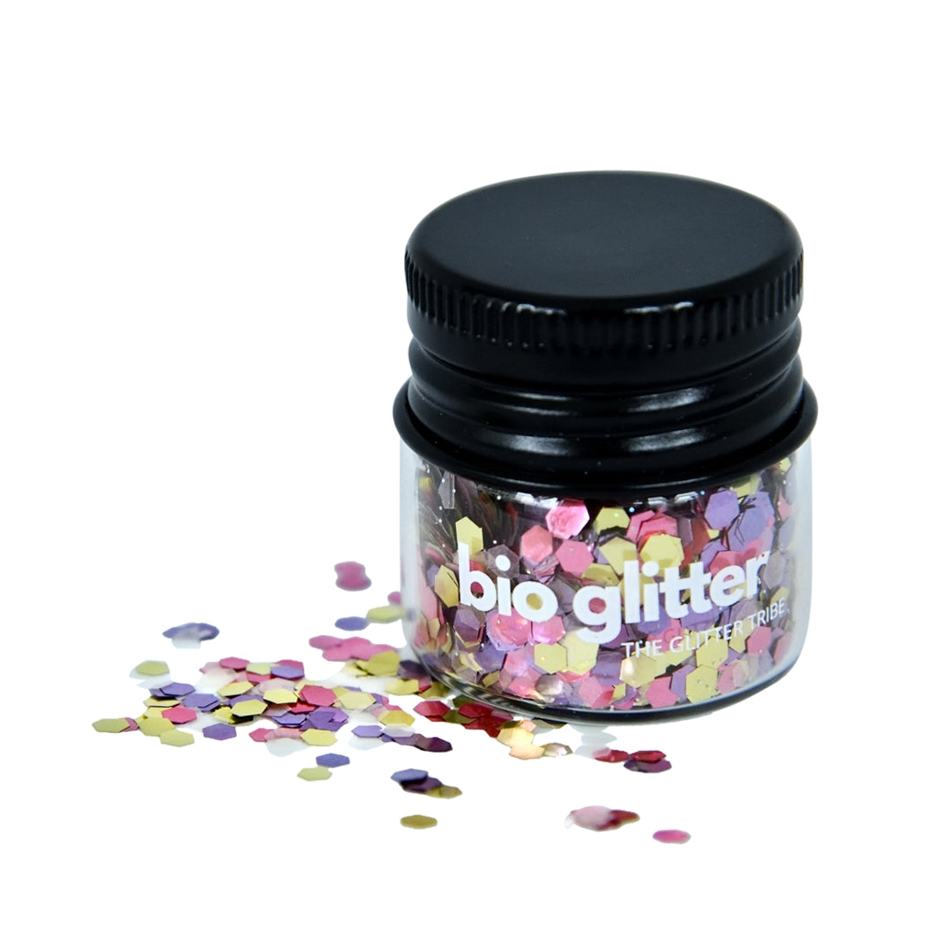 Lollipop bio glitter in a glass jar with black lid