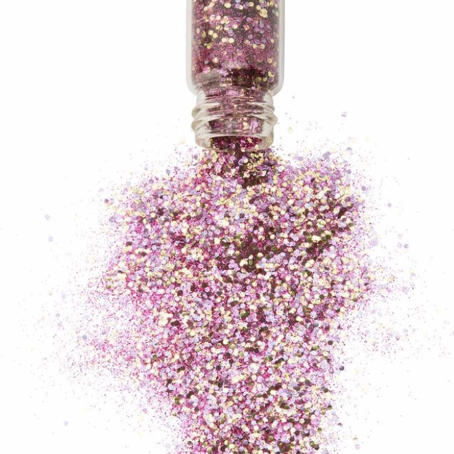 Bio glitter with shining purple and gold sparkling fine glitter in a jar