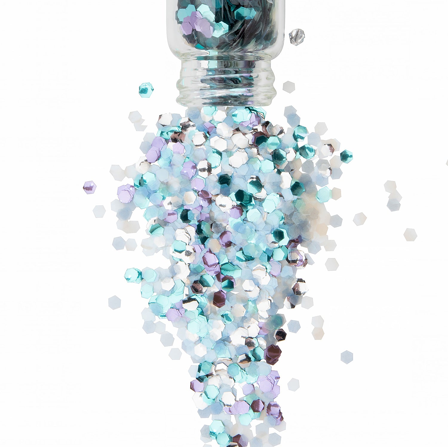 Ocean Breeze biodegradable glitter spilling out of a glass jar in blue and green.