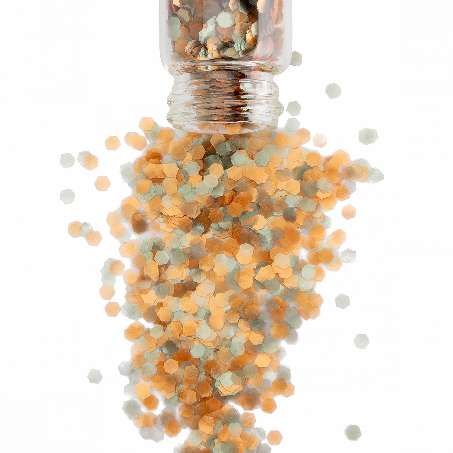 Orange and green chunky bio glitter in a glass jar
