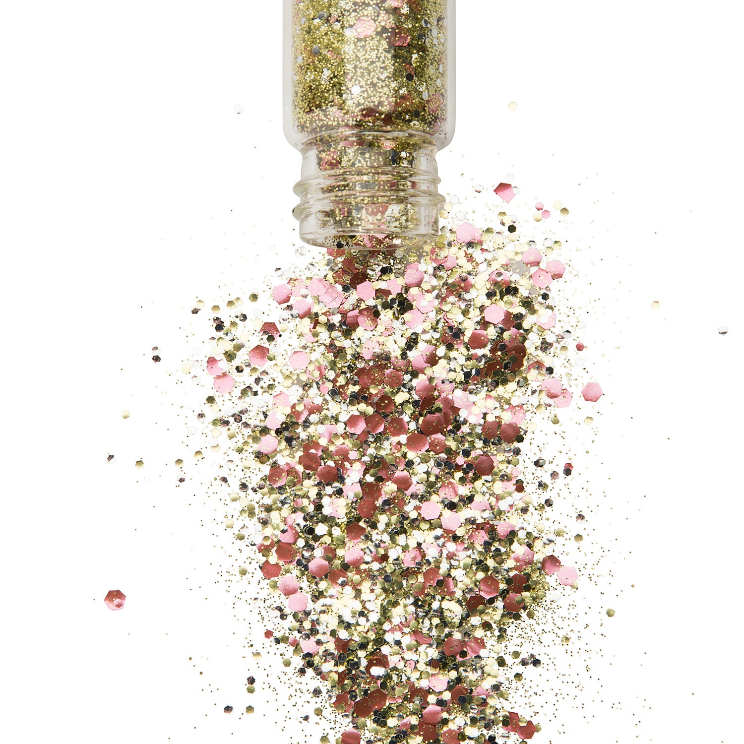 Certified Rose Gold Bio Glitter in a glass jar spilling out