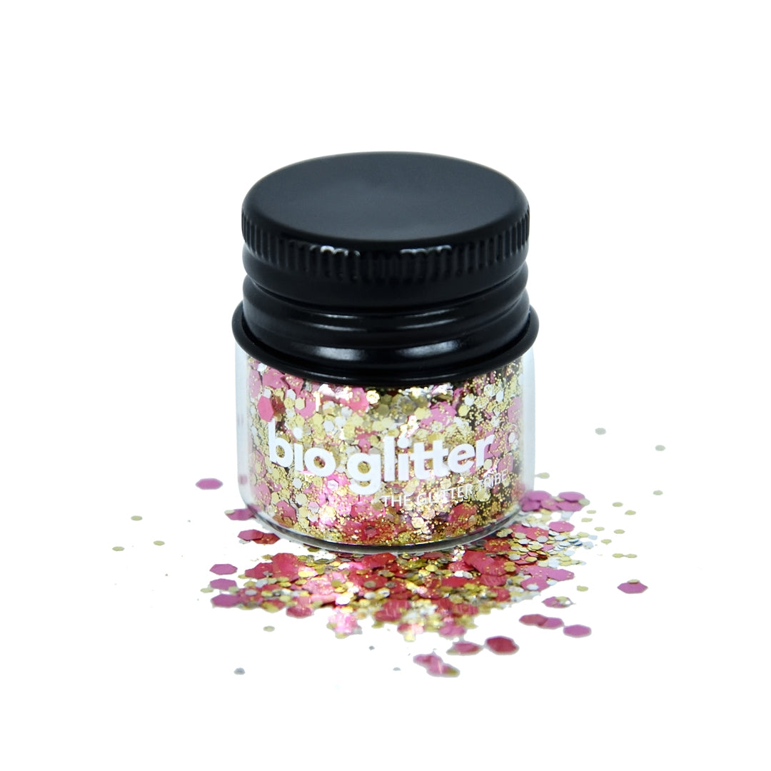 Rose gold eco glitter by The Glitter Tribe Australia in a glass jar with black lid