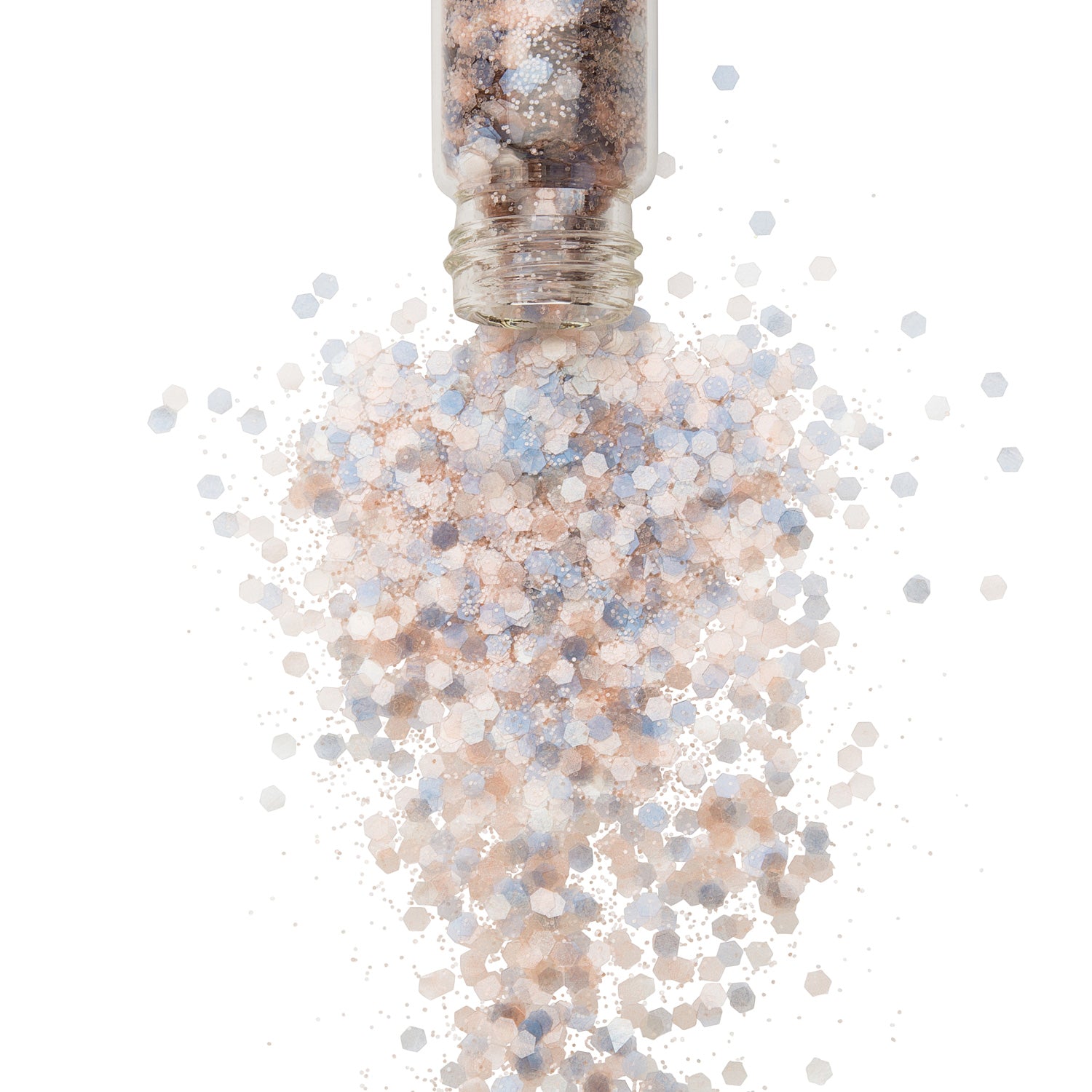Blue and pink  bio glitter in a glass jar spilling onto a white background.