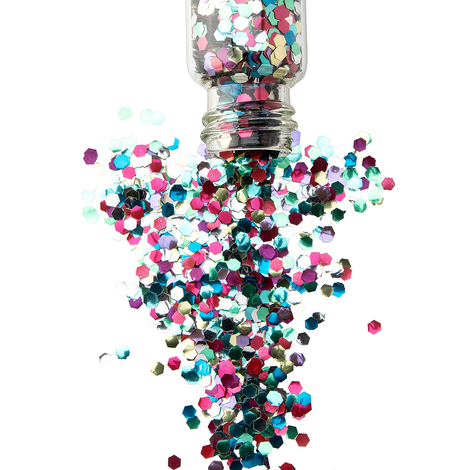  A rainbow of glitter in a jar spilling on a white background.