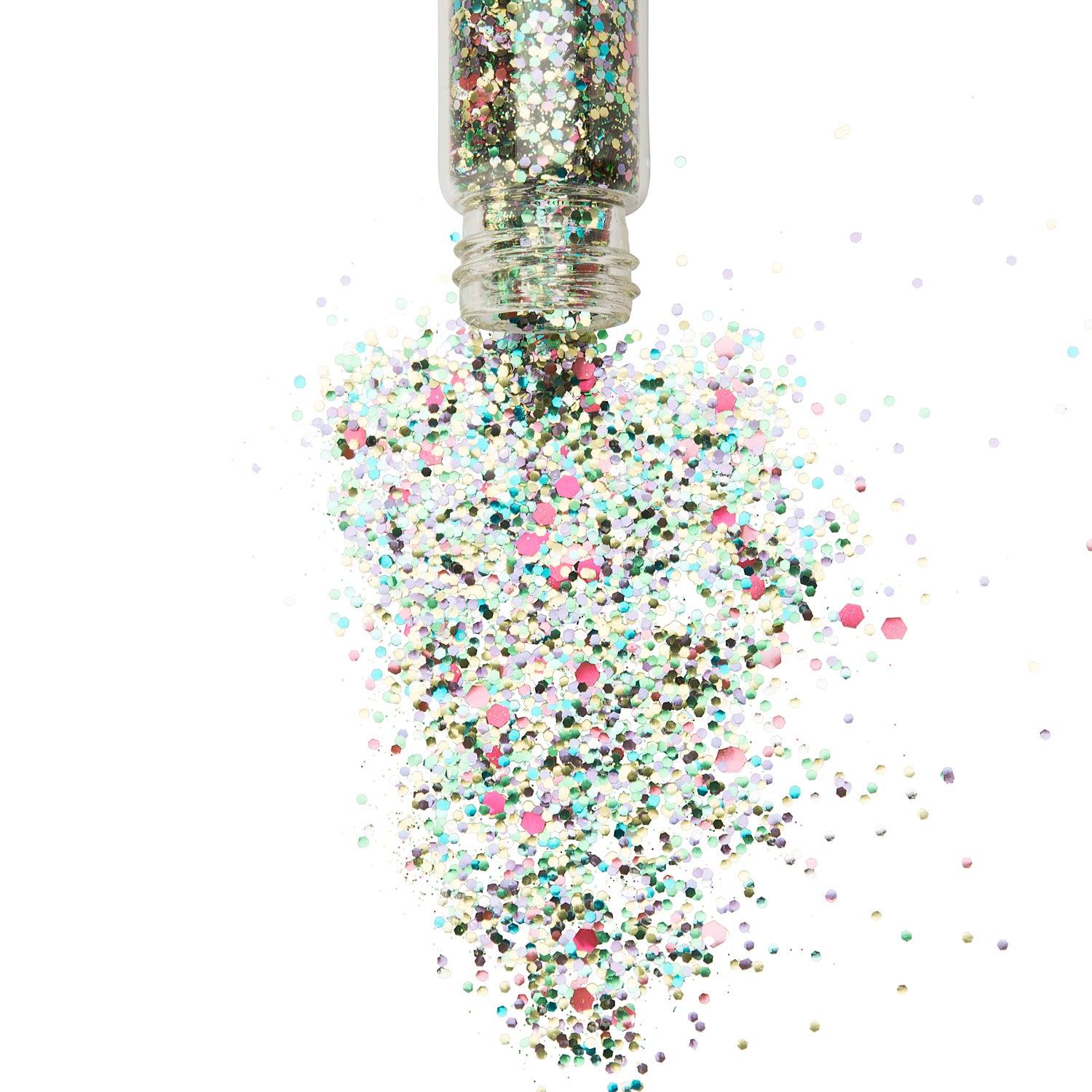 Rainbow glitter in a glass jar tipping out over a white background.