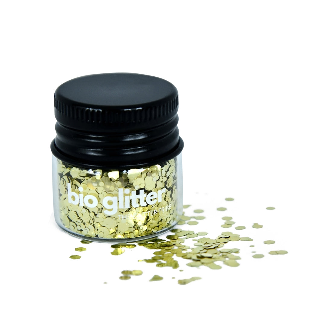 GOLD bio glitter in a glass jar with a black lid 