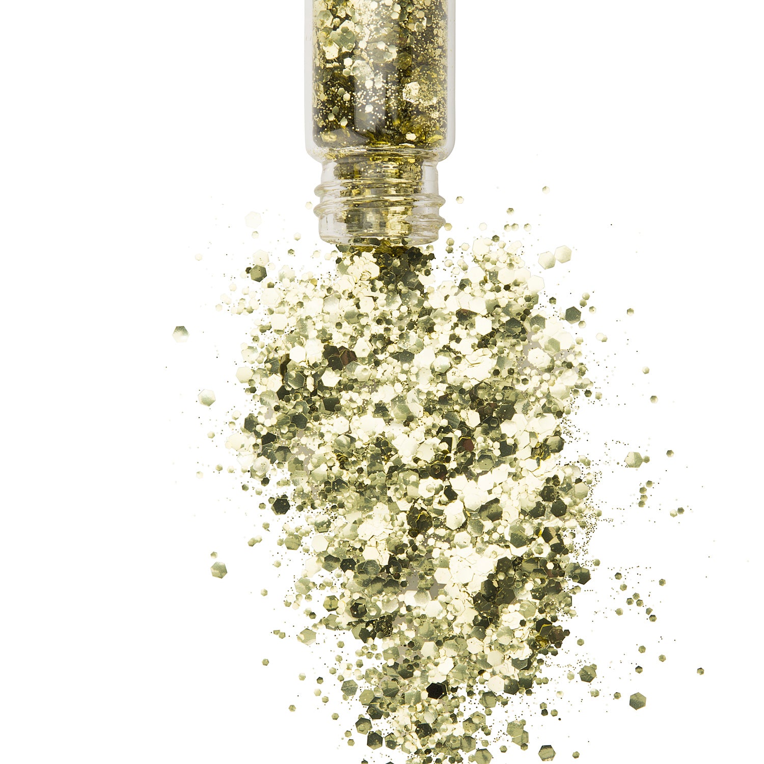 Plastic free gold biodegradable glitter in a glass jar spilling out.