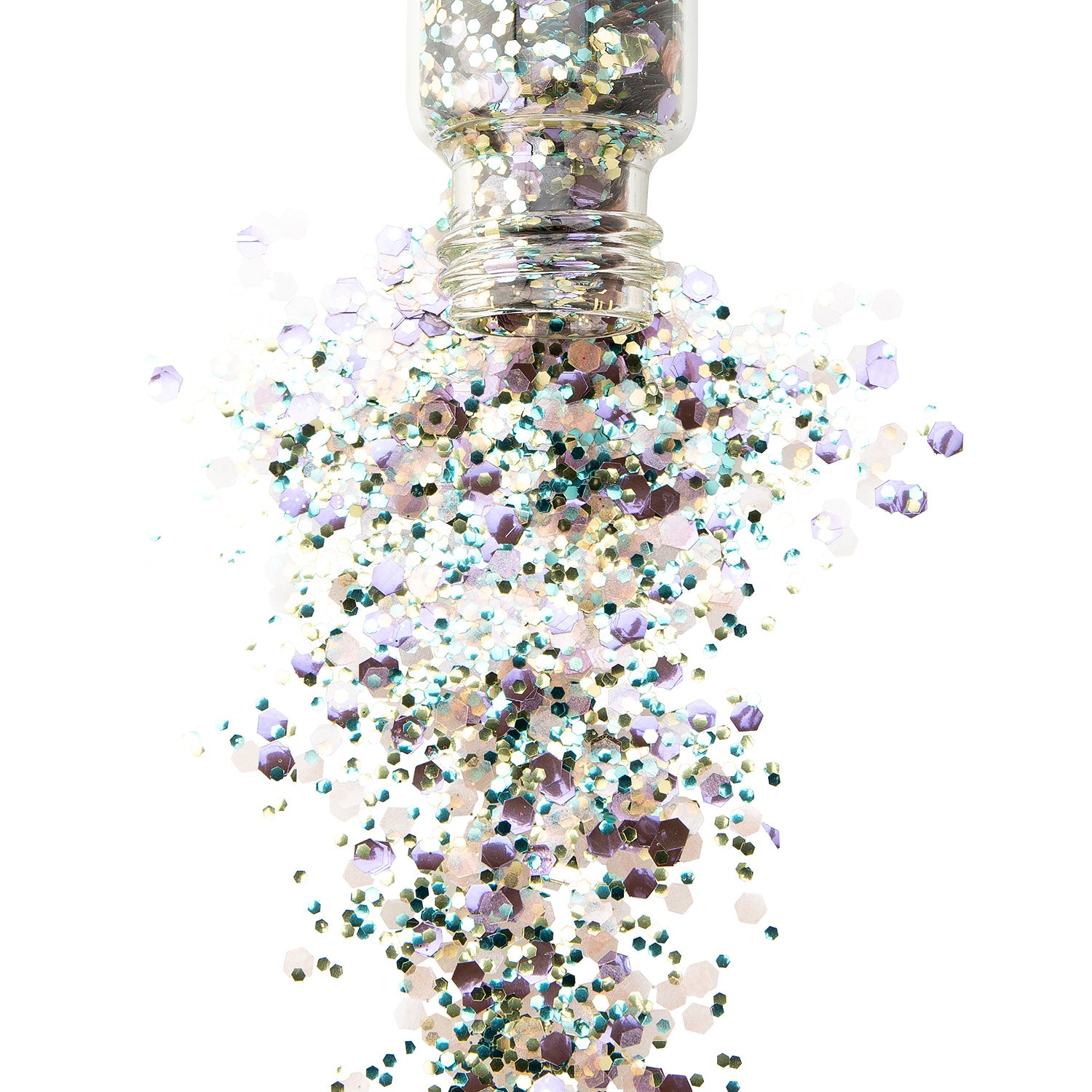 A close-up of a jar filled with multicolored biodegradable glitter, with the cap on and glitter particles visible.