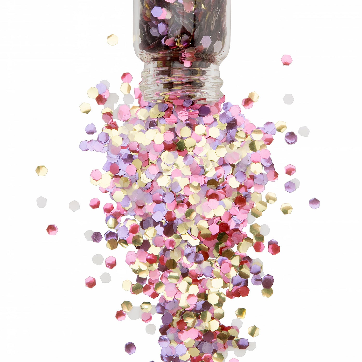 LOLLIPOP bio glitter in a glass jar with glitter spilling out