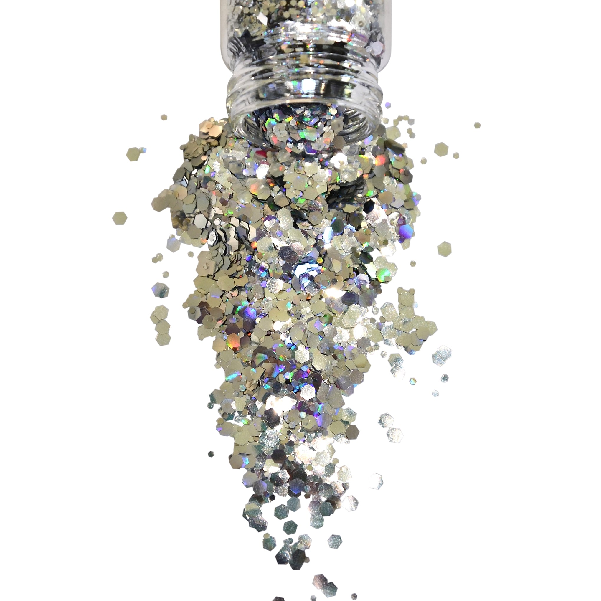 Mirror ball silver holographic bio glitter in a glass spilling  on white background reflecting colours.