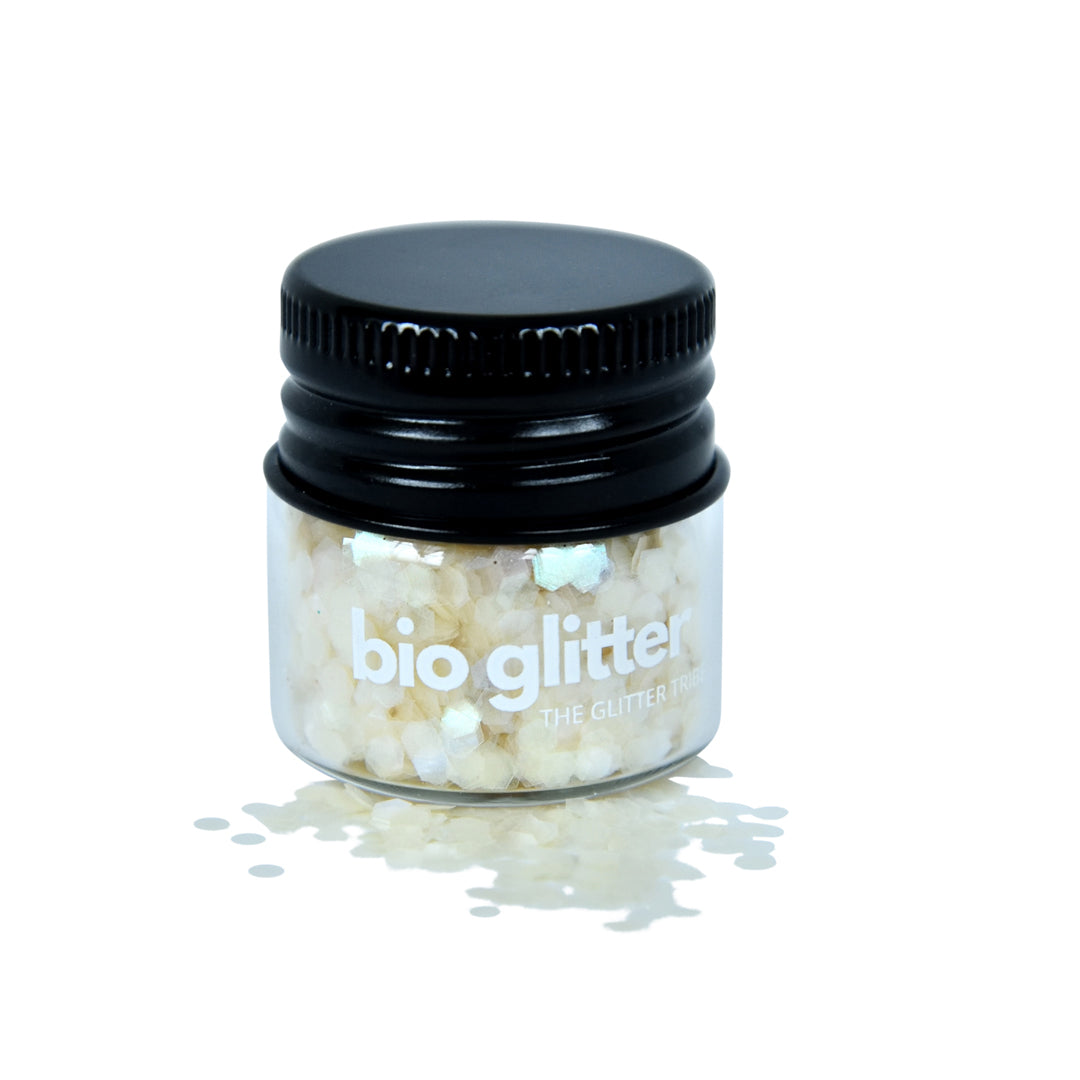 OPAL bioglitter a clear colour in a jar with a white background.