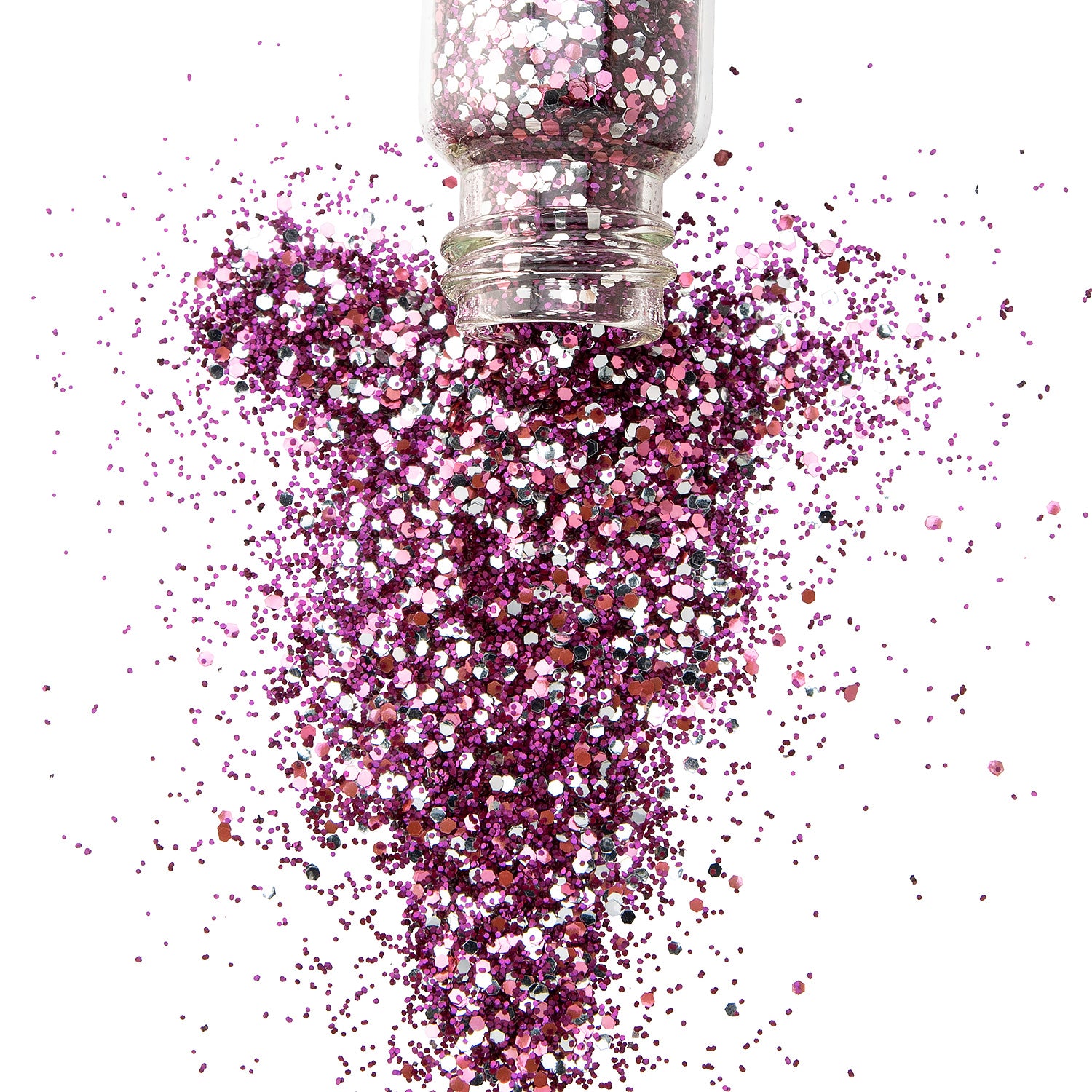 A jar of raspberry sorbet biodegradable glitter, with a splash of silver sparkles, scattered all around.