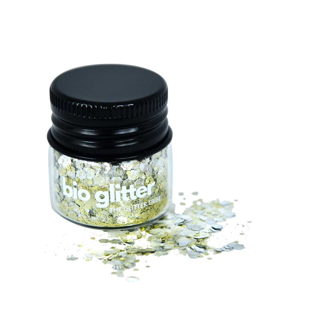 Gold bio glitter in a glass jar with soft silver sparkles 