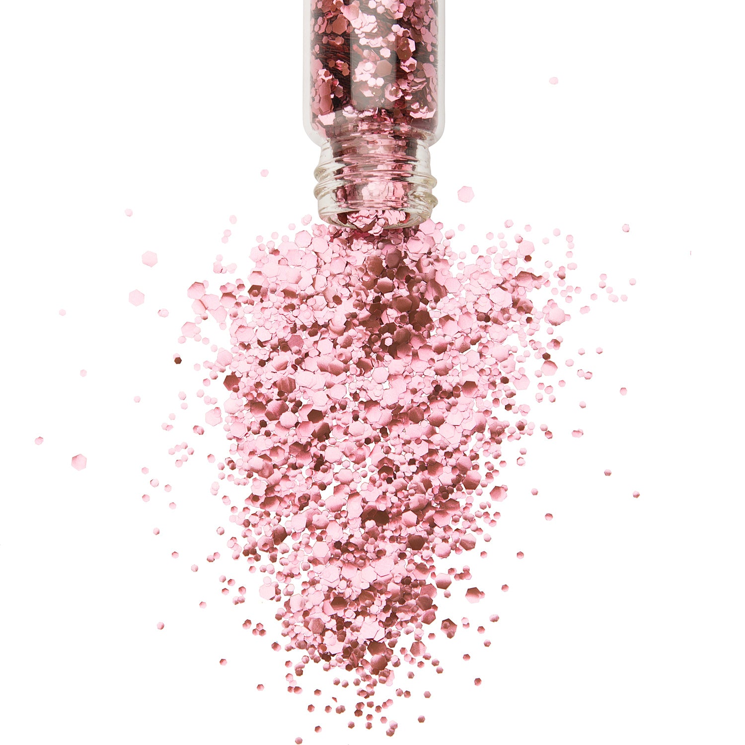 Rose pink bio glitter in a glass jar spilling onto white backbround