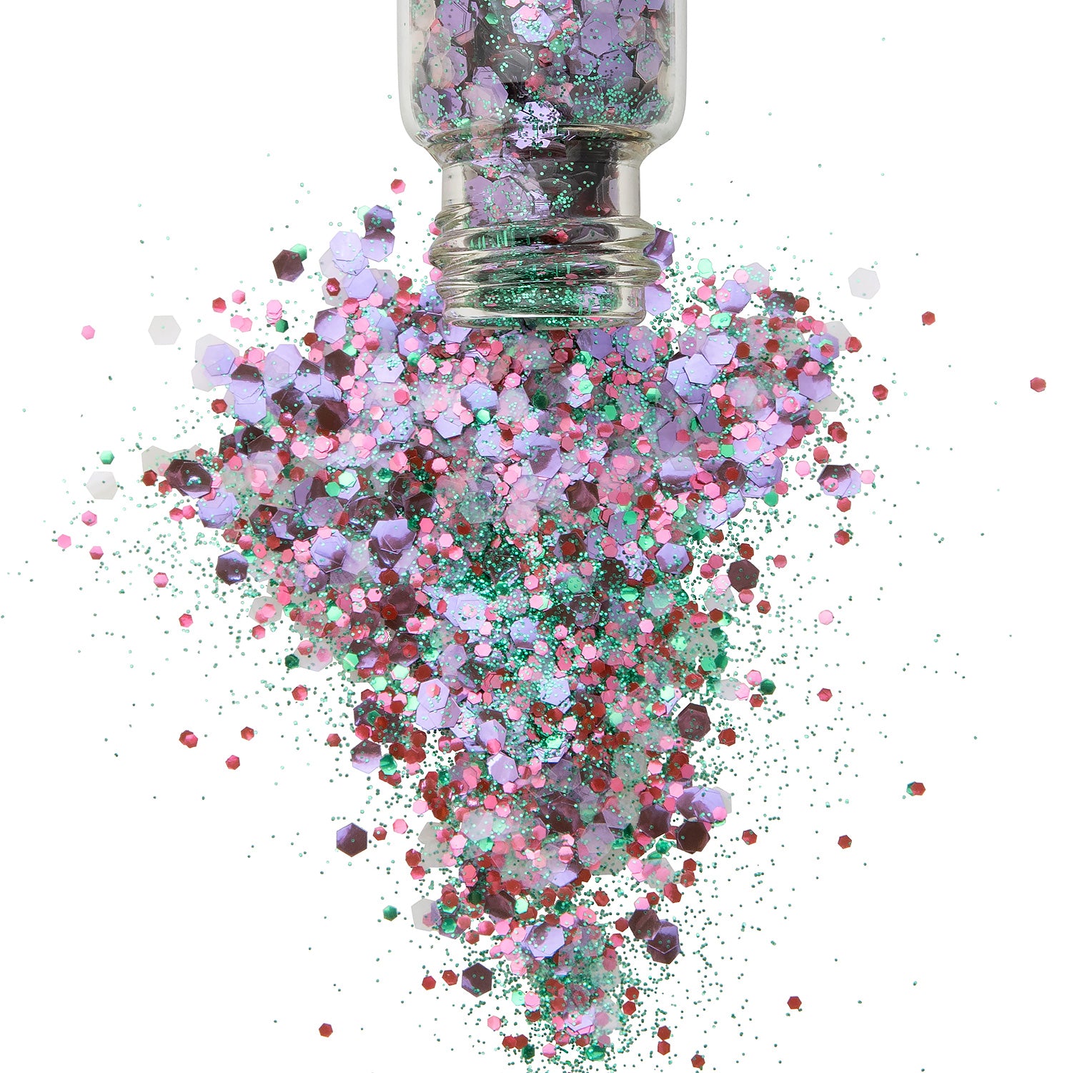 A jar of multicolored chunky glitter spilled open, with the glitter scattered in various shades of pink, green, and purple against a white background.