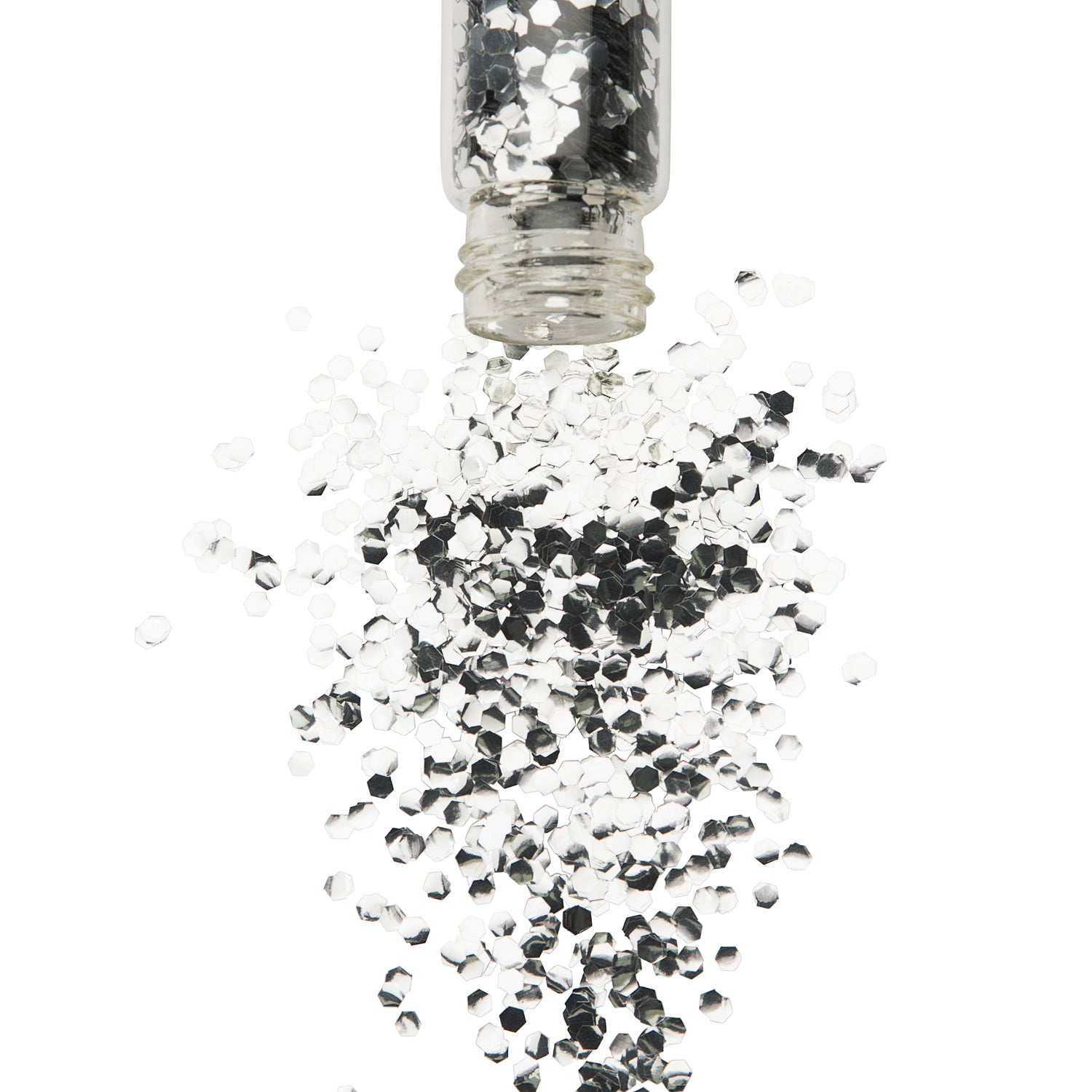 Silver bio glitter in glass jar spilling glitter