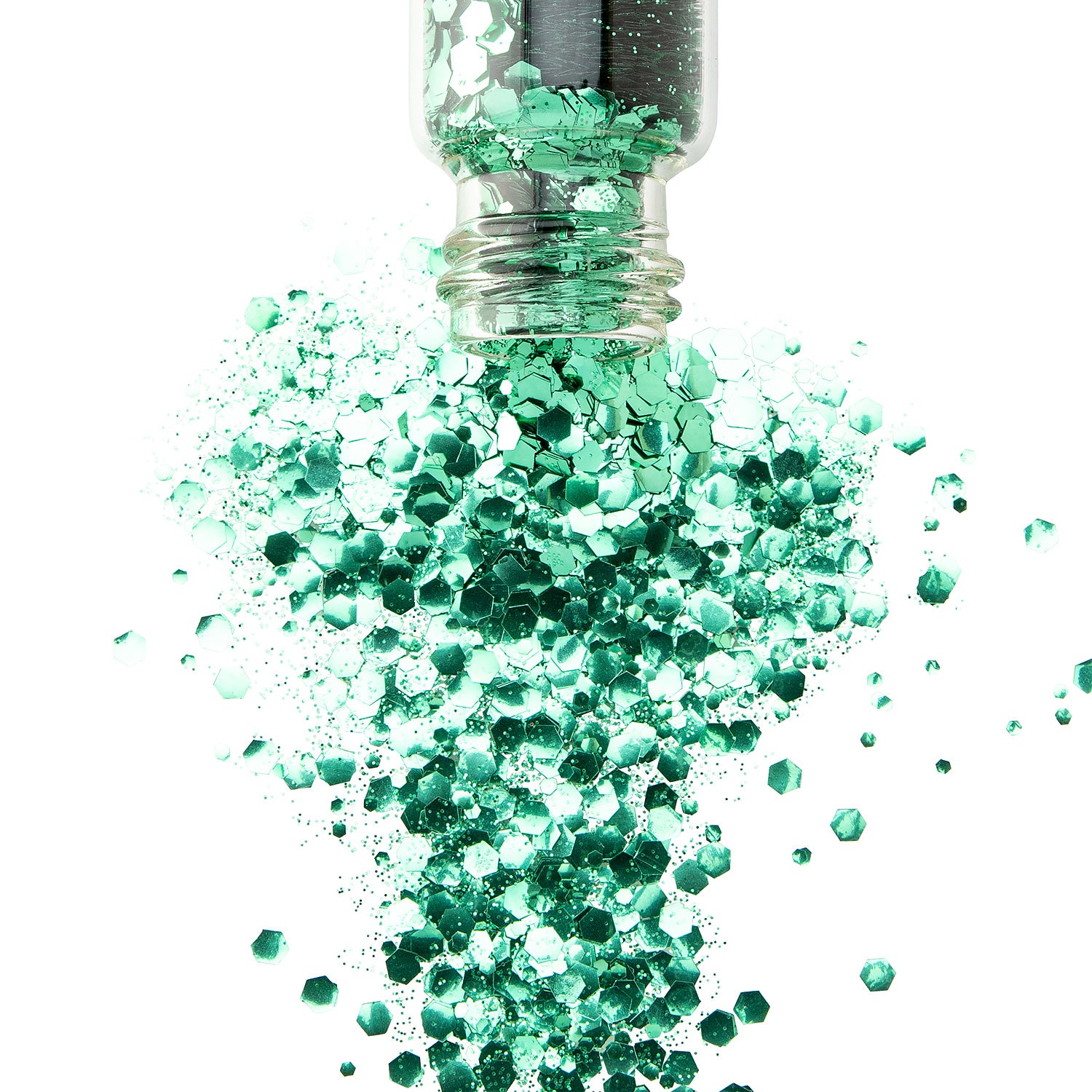A jar with green biodegradable glitter spilling out onto a white background.