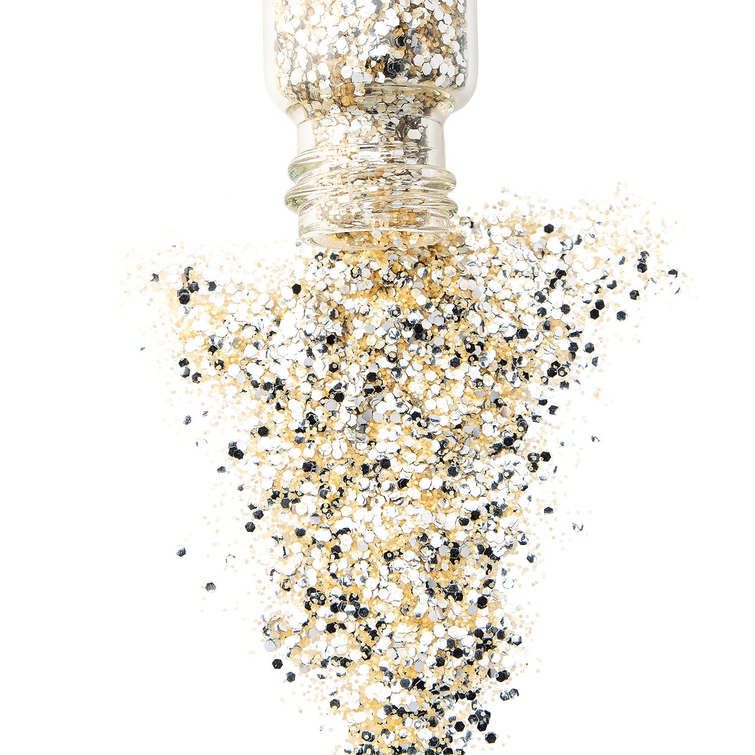 STARDUST certified bio glitter in a glass jar with glitter spilling out. The glitter is gold and silver.