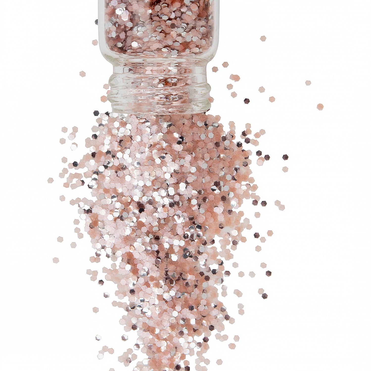 Pink bio glitter in a jar spilling over fine silver biodegradable glitter