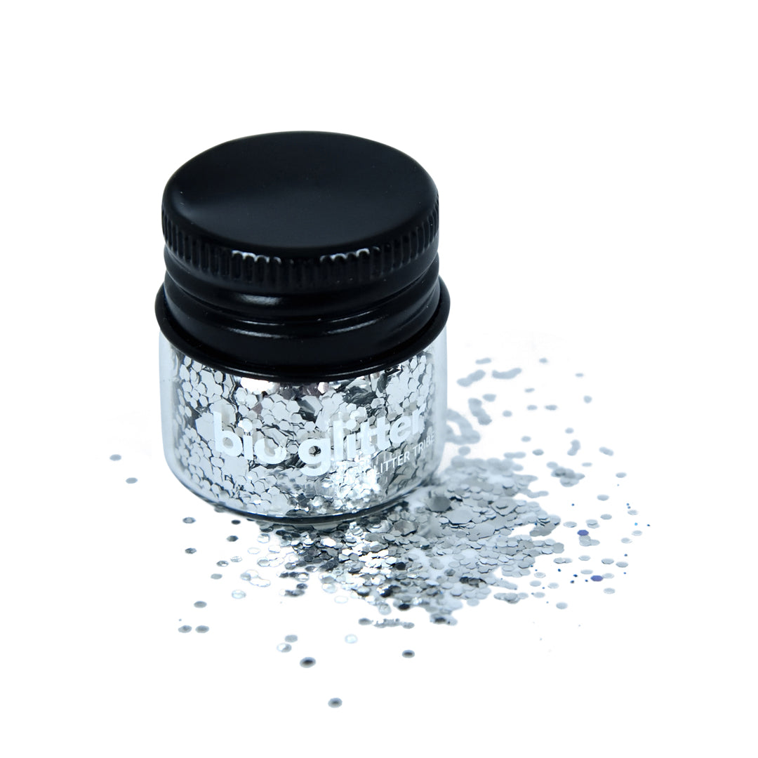 Silver bio glitter in glass gar with black lid 