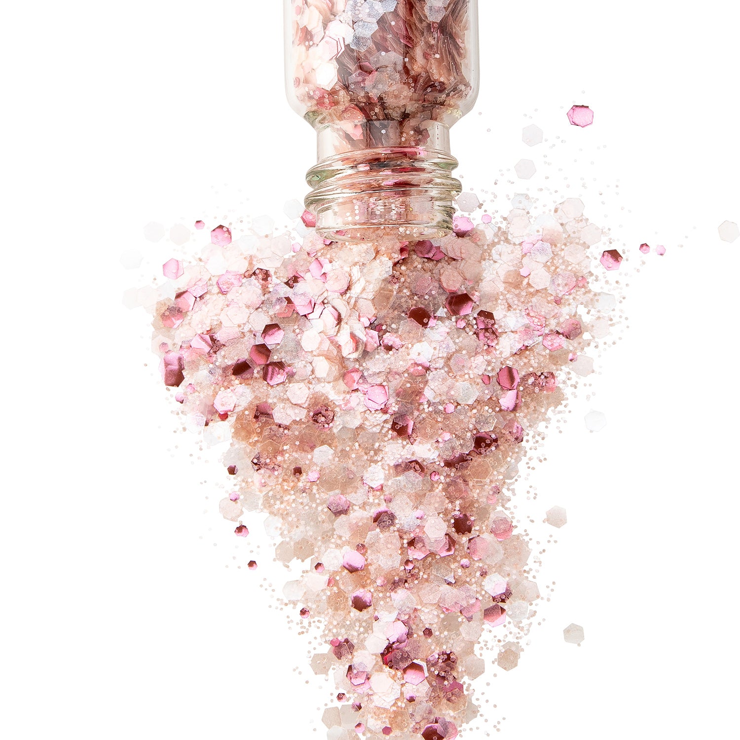Certified bio glitter in a glass jar spilling out pink glitter