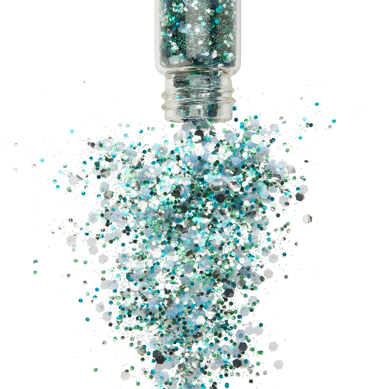 A jar of  biodegradable glitter in sea green tones spilling out 