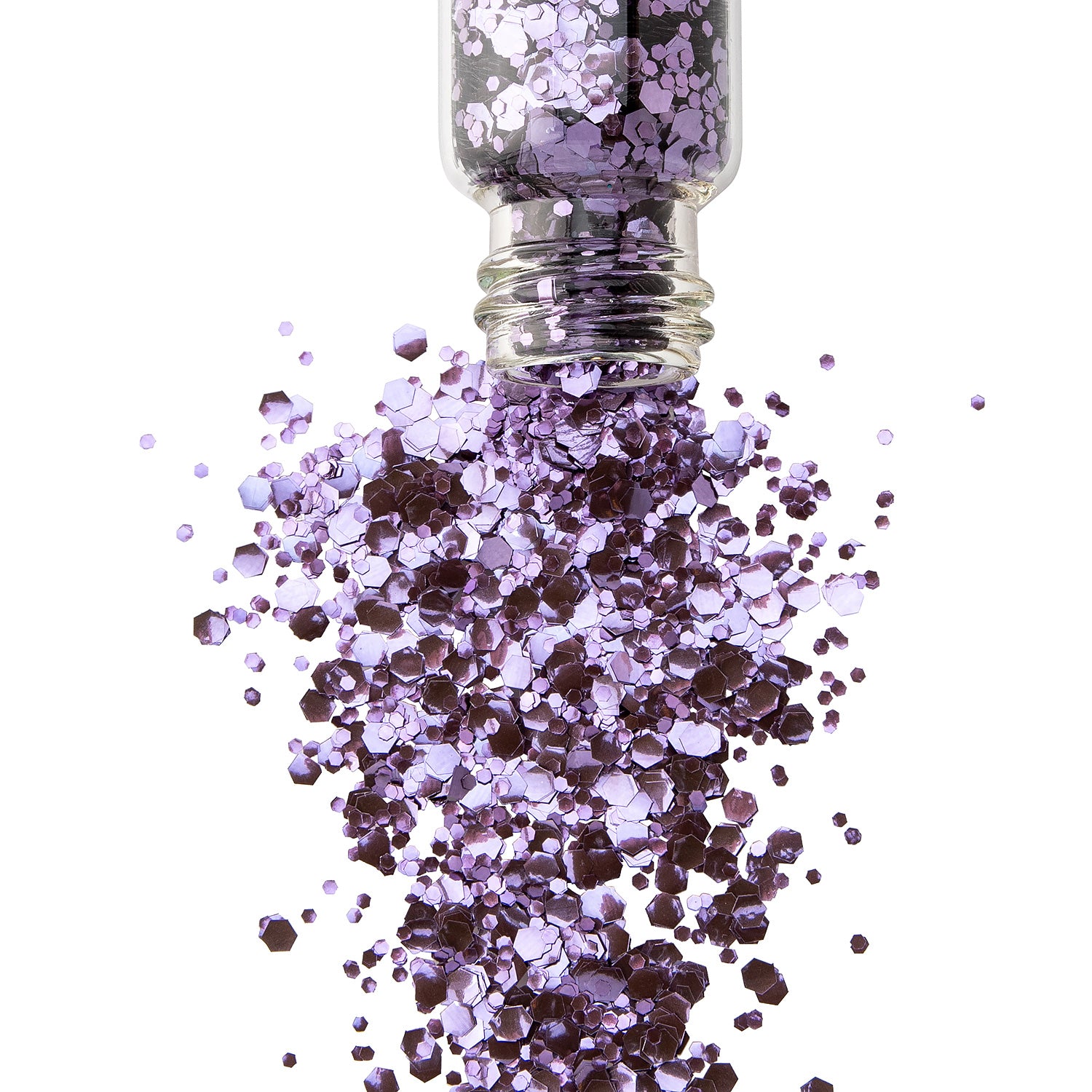 A jar with purple biodegradable glitter spilling out in various sizes.